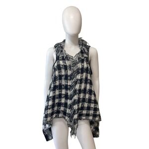Wooden Ships Buffalo Plaid Fringe Vest Black White Open Front Size S/M NWT